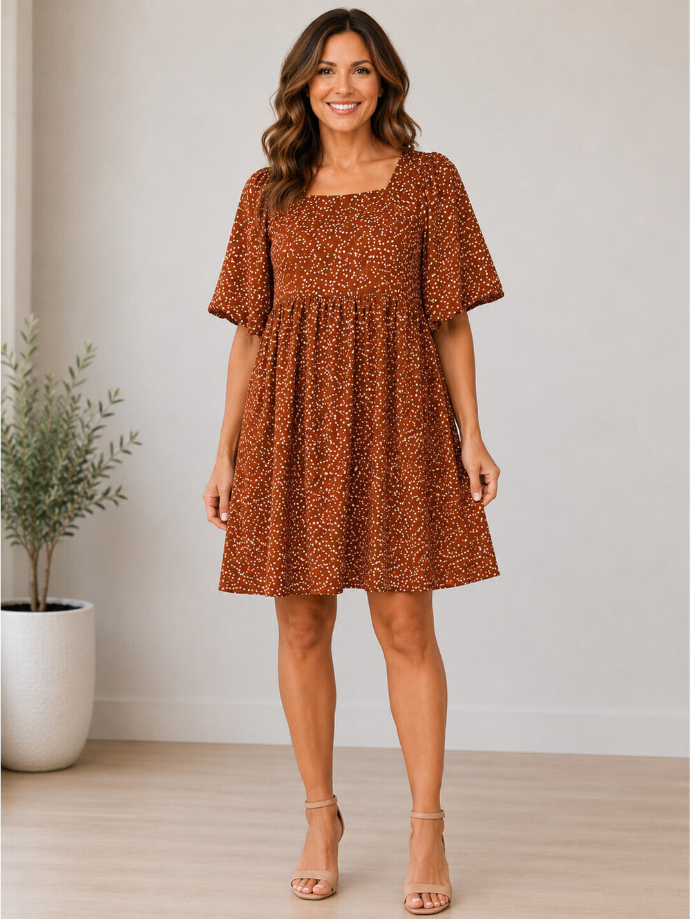 Umgee Dress Small Brown polka dot Babydoll Mini Dress Lined Puff Sleeve Boho NWT